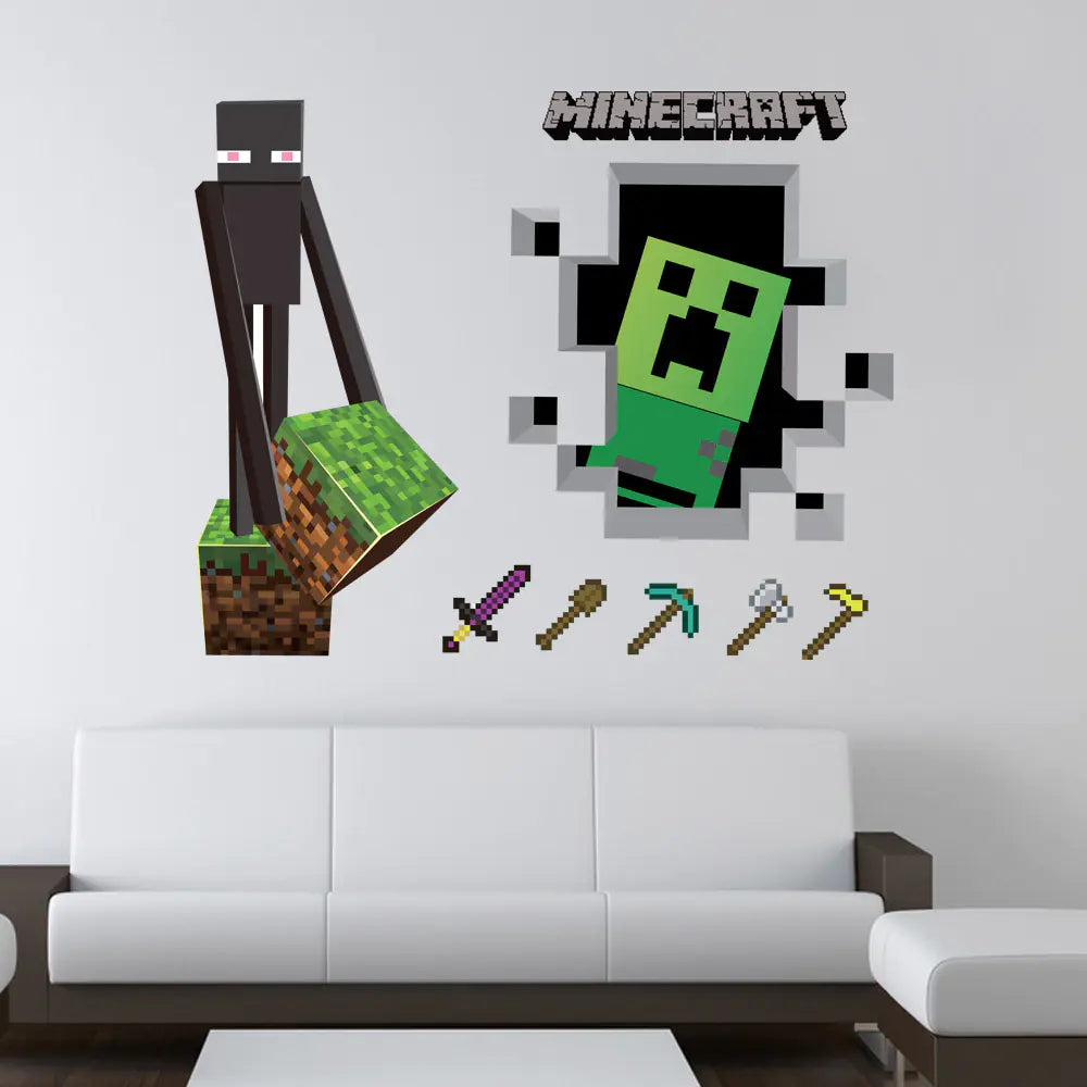 3D Minecraft Style Wall Stickers for Kids Room 🧱✨ | Cartoon Miner Removable Decals for Boys Bedroom & Playroom