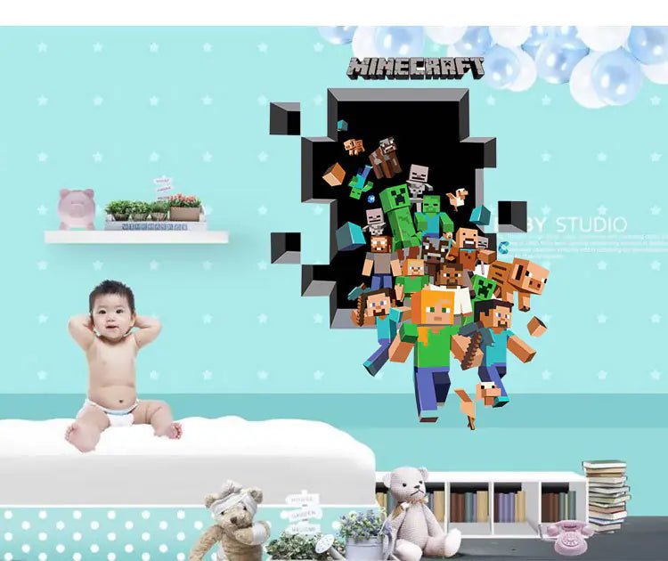 3D Minecraft Style Wall Stickers for Kids Room 🧱✨ | Cartoon Miner Removable Decals for Boys Bedroom & Playroom