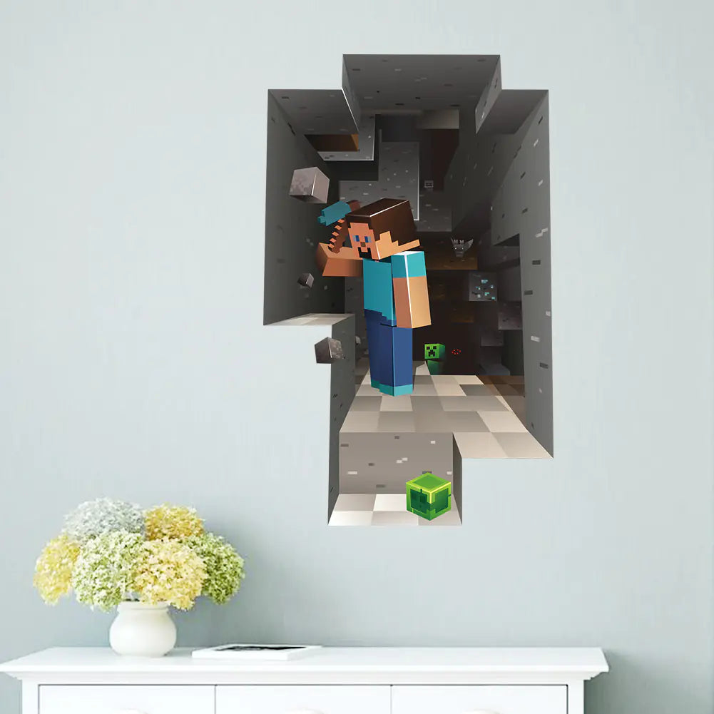 3D Minecraft Style Wall Stickers for Kids Room 🧱✨ | Cartoon Miner Removable Decals for Boys Bedroom & Playroom