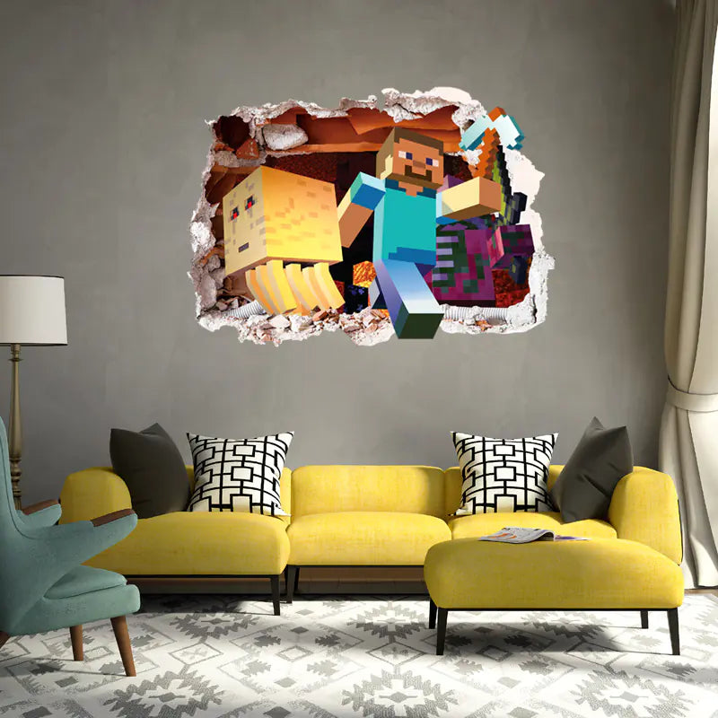 3D Minecraft Style Wall Stickers for Kids Room 🧱✨ | Cartoon Miner Removable Decals for Boys Bedroom & Playroom