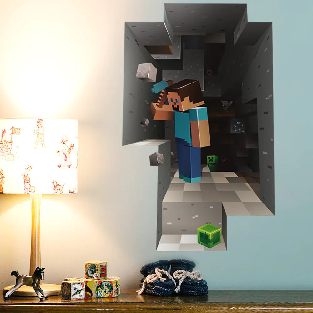 3D Minecraft Style Wall Stickers for Kids Room 🧱✨ | Cartoon Miner Removable Decals for Boys Bedroom & Playroom